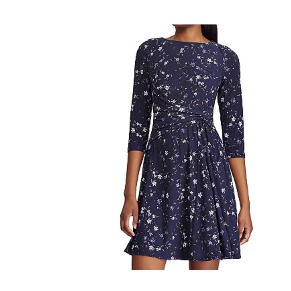 Chaps Navy Blue Floral Faux Wrap Knot Waist‎ 3/4 Sleeve Dress Large